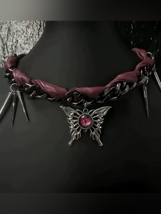 Anthropologie Jewelry - Anthropologie Pink Leather-Wrapped Silver Butterfly Spike Necklace